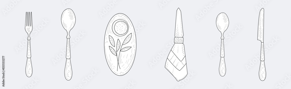 Poster restaurant table setting and plating items vector set