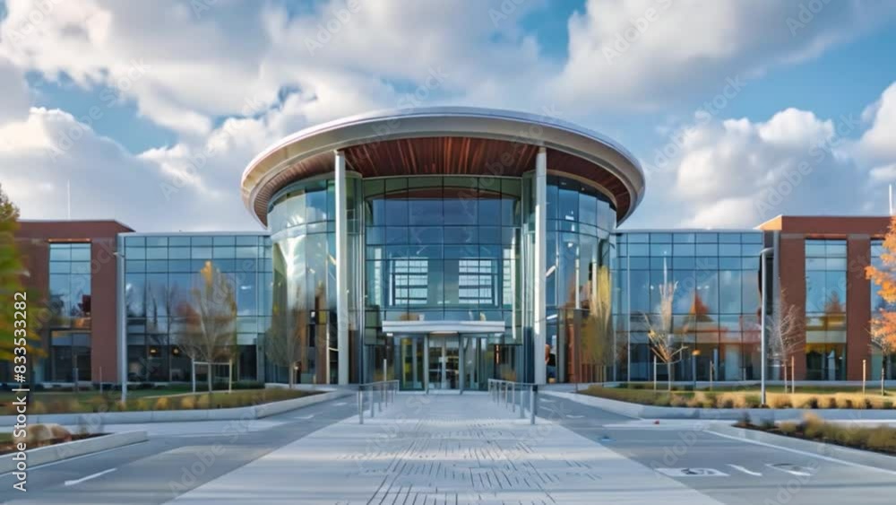 Aufkleber a modern university building with glass architecture stands under a partly cloudy sky. the building 