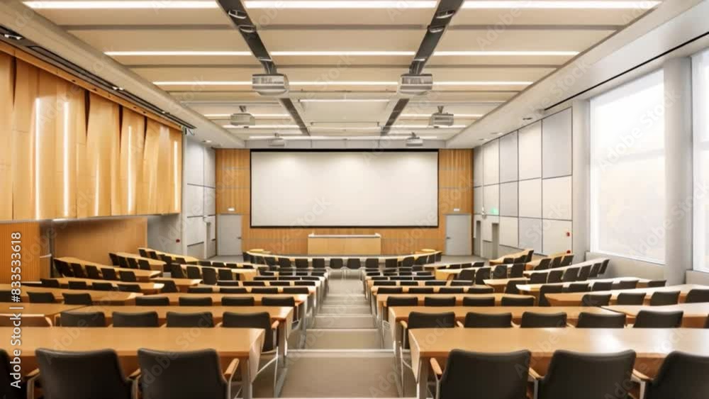 Poster a quiet lecture hall with rows of chairs and a large projector screen at the front.
