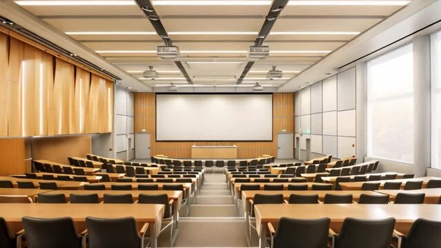 A quiet lecture hall with rows of chairs and a large projector screen at the front.