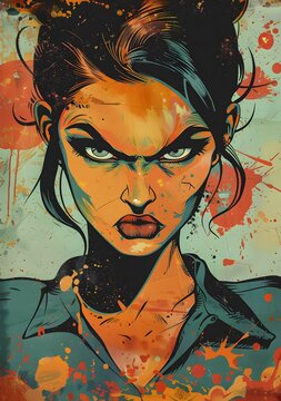 A digital painting of a womans face with a stern expression.