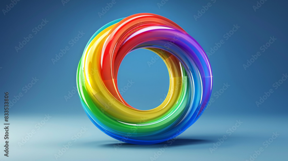 Poster colorful abstract 3d loop in rainbow gradient against a blue background, symbolizing creativity and 