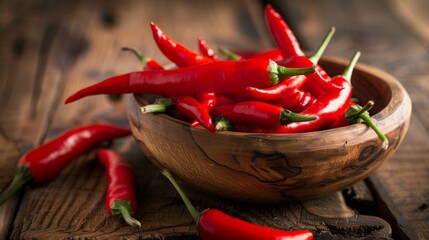 Close-up of vibrant red chili peppers arranged in a rustic wooden bowl, showcasing their spicy heat.