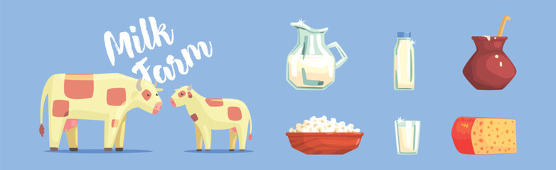 Cow and Milk Product and Dairy Fresh Food Item Vector Set