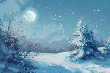 Serene Winter Wonderland Landscape with Snowfall and Frosty Trees