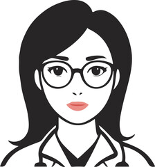 black vector line art, female doctor, long hair, medical professional