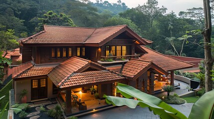 Obraz premium Traditional Architecture: Featuring traditional Kerala architecture with sloping roof tiles and intricately carved wooden details, the mountain house seamlessly blends with its natural surroundings 