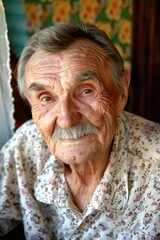 Elderly man portrait, Wrinkled face close-up, Thoughtful old man image, Senior with mustache photograph, Nostalgic grandpa picture