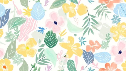 Flower wallpaper flat design top view exotic theme cartoon drawing colored pastel. Seamless Pattern, Fabric Pattern.