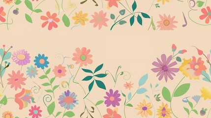 Flower wallpaper flat design top view border theme cartoon drawing colored pastel . Seamless Pattern, Fabric Pattern.