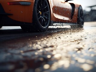 Futuristic orange sport car on the road.
