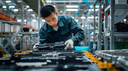 Chinese engineer working on EV car battery cells module in a electric vehicle factory 