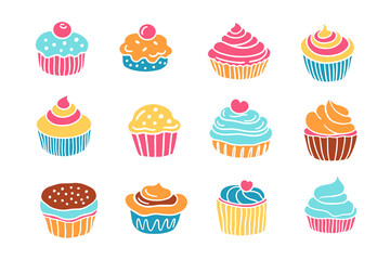 Sweet Bakery Different Cupcakes Muffins Set Doodle