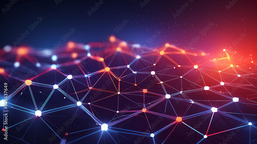 Poster abstract futuristic background with a hexagonal network and glowing dots on dark blue, purple and re