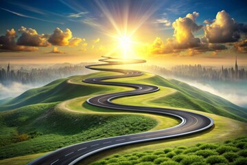 A visual representation of a winding road or path with various milestones and obstacles along the way, symbolizing the journey through life, with ups and downs, challenges, and achievements.