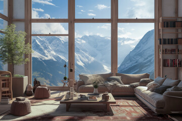 A cozy, well-lit room with large windows offering a stunning view of snowy mountains, embodying comfort and beauty