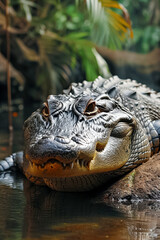 Fototapeta premium a close-up view of an alligator's head, emphasizing its textured skin and sharp teeth in water