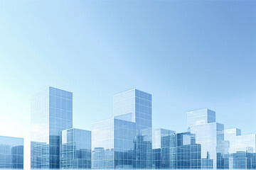 A cityscape with transparent buildings against a clear blue sky, conveying modern, clean architectural design