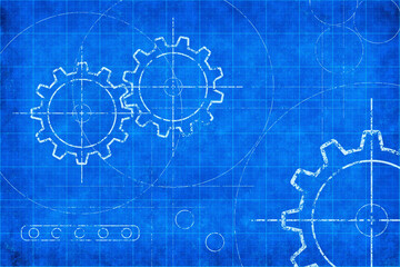 Graphic illustration of cogs on old blueprint paper. Use as layer or design element for web, print or other graphics.