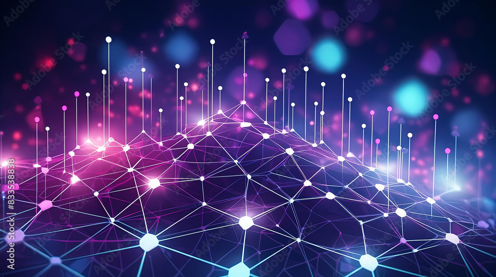 Poster abstract futuristic background with a hexagonal network and glowing dots on dark blue, purple and re