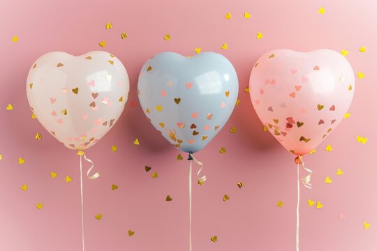 Golden confetti-filled heart balloons against a soft pink backdrop