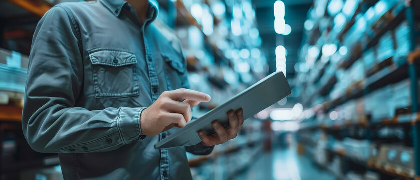 Warehouse supervisor managing inventory with a digital tablet