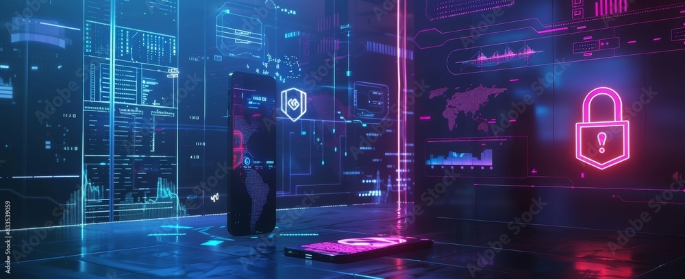 Wall mural Futuristic AI security system in a neon-lit cyber security command center