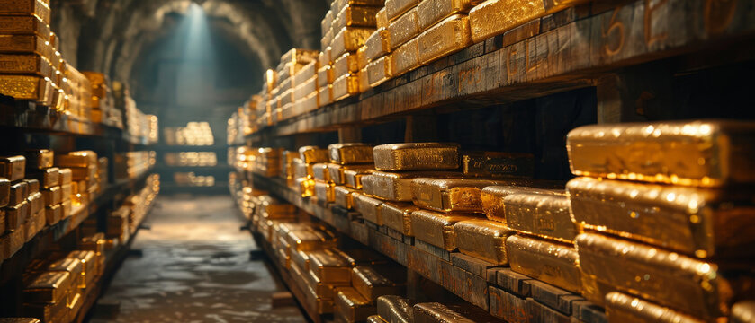 Stacks of gold ingots in a secure vault