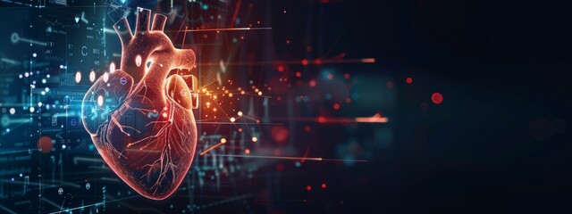 Obraz premium Futuristic heart hologram displaying health data in a high-tech scene