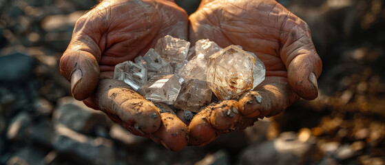 Miners hands holding uncut diamonds