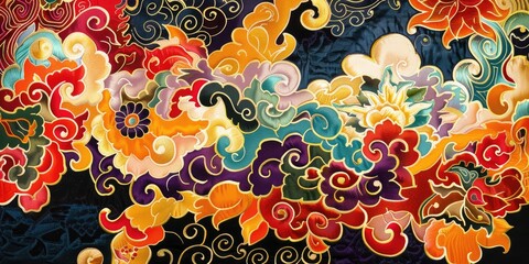 a image of a colorful painting of flowers and clouds
