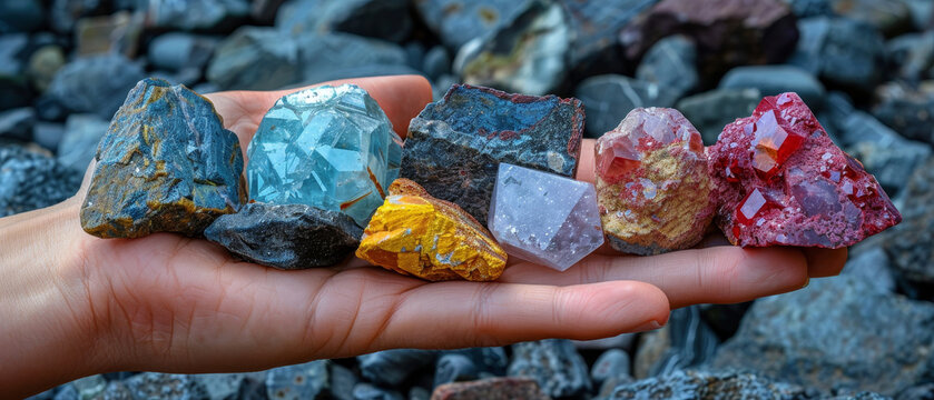 Assortment of minerals in a scientists hand