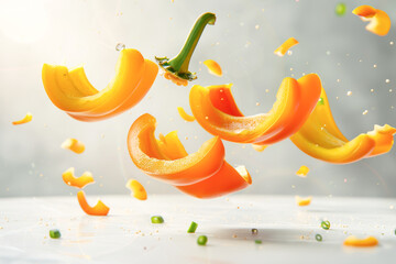 Vibrant image capturing the dynamic closeup of floating slices of orange bell pepper