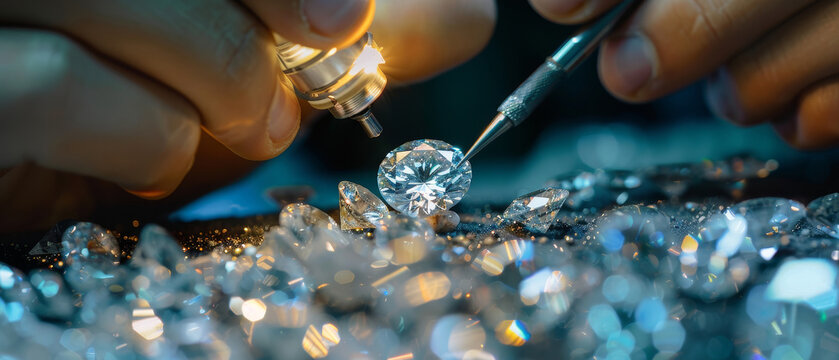 Assorted diamonds being examined under bright lights