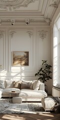 Fototapeta premium Bright white living room interior with vintage painting