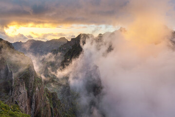 Beautiful fog and clouds at sunset on a hike from Pico Arieiro