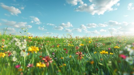 A serene and super realistic image of a spring meadow with wildflowers and a clear blue sky,