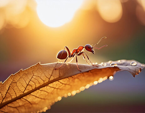 Close-up em uma formiga caminhando sobre uma folha, com a luz dourada do p&ocirc;r-do-sol, em contraluz.