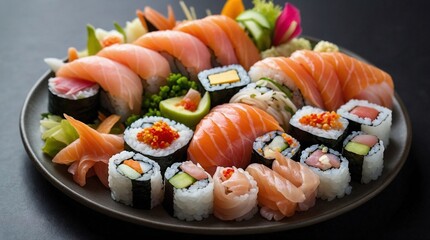 Plate with variety of sushi, sashimi and maki in the asian restaurant