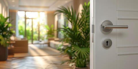 Modern door handle on light interior. Blurred room and natural sunlight in the background. Closeup of front view with copy space