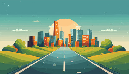 A cityscape featuring modern buildings at sunset, with a road leading towards the city, illustrated with vibrant colors and detailed designs. Flat vector illustration.
