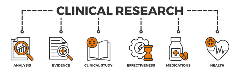 Clinical research banner web icon vector illustration concept with icon of analysis, evidence, clinical study, effectiveness, medications and health