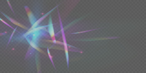Light streak overlay pattern designs. Set Rainbow crystal light leak flare reflection effect. Transparent refraction elements. Vector illustration.