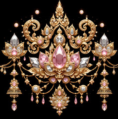 Golden Thai art pink gem item, gold  Thai diamond and crystal