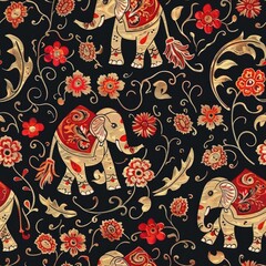 a image of a black background with a pattern of elephants and flowers