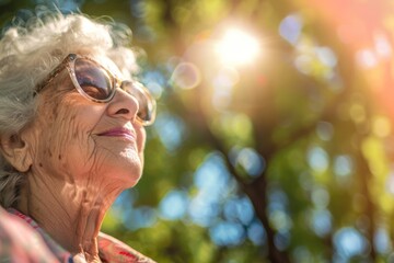 Optimistic senior woman wearing sunglasses looking up outdoor