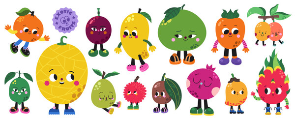 Cute cartoon exotic and tropical fruits illustrations vector set. Part one.