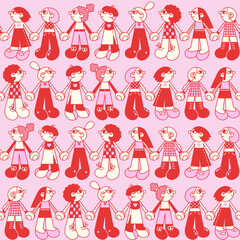 Cartoon young women (girls) holding hands vector seamless pattern.