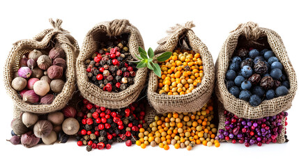 Aromatic spice. different peppers in burlap bag on wooden table, top view isolated on white...