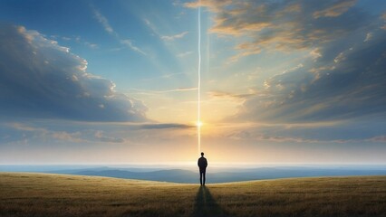 Fantasy scene with silhouette of man standing in the dreamy landscape with mountains and starry cosmic sky, horizontal illustration